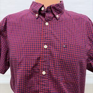 Tommy Hilfiger Short Sleeve Shirt Boys Large Casual Button Down Collar Red Blue
